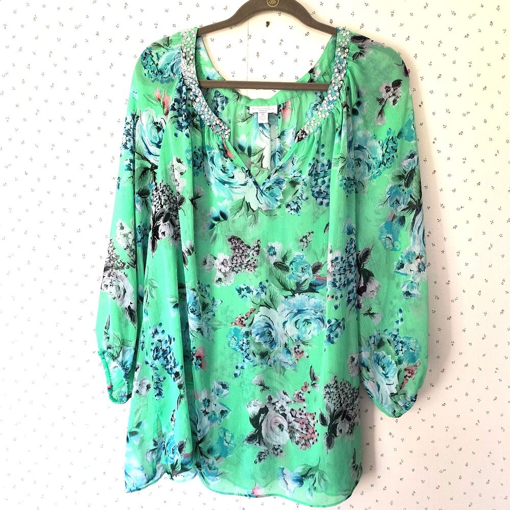 Charter Club Top Womens 3X Green Multicolor Floral Tropical Sheer Beaded Beachy